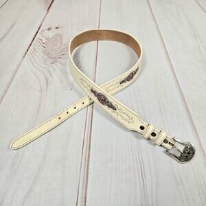 Vintage 90s Silver Creek Floral Brocade Inset Leather Western Belt White 36